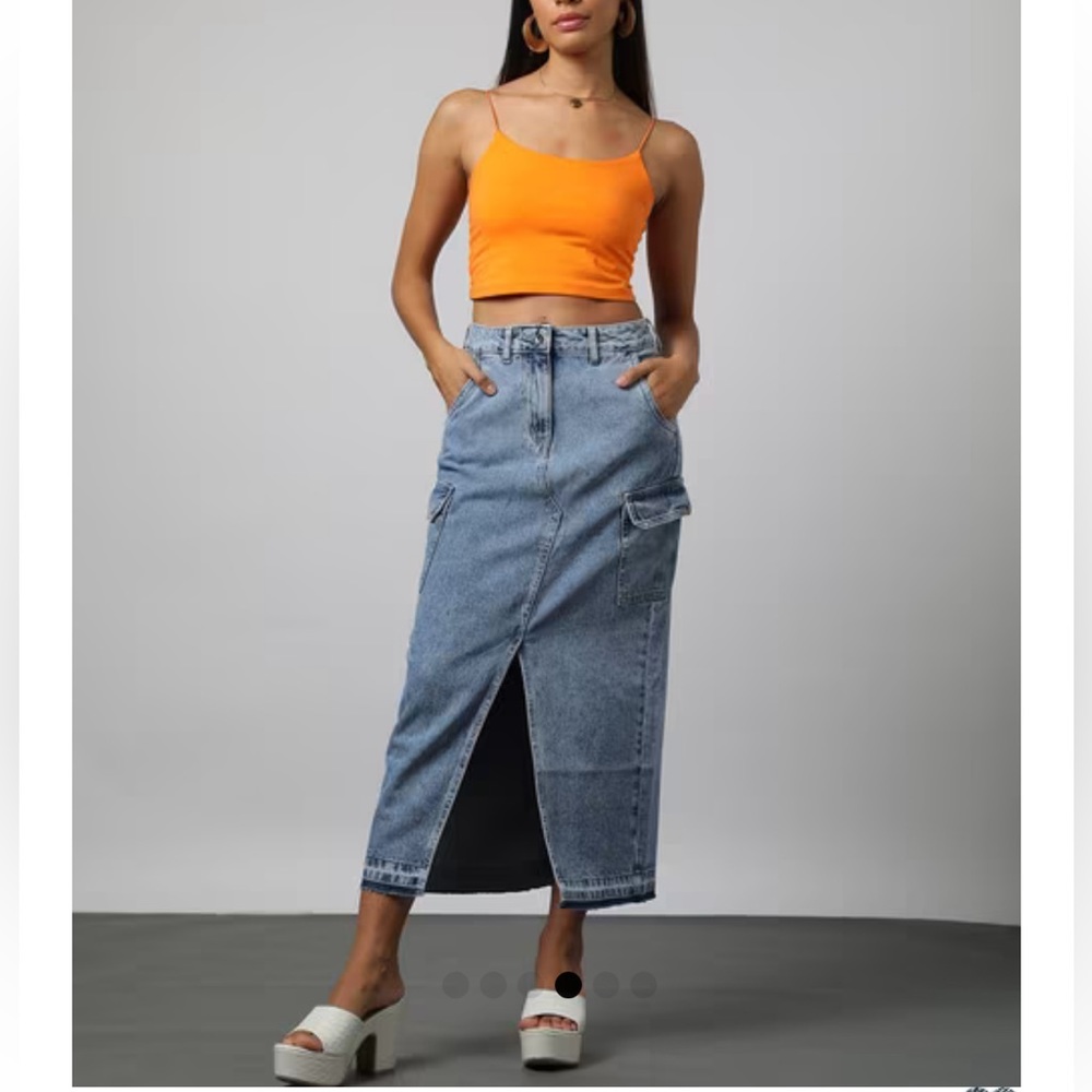 LOVE, FIRE Los Angeles Women Washed Denim Straight Cargo Skirt